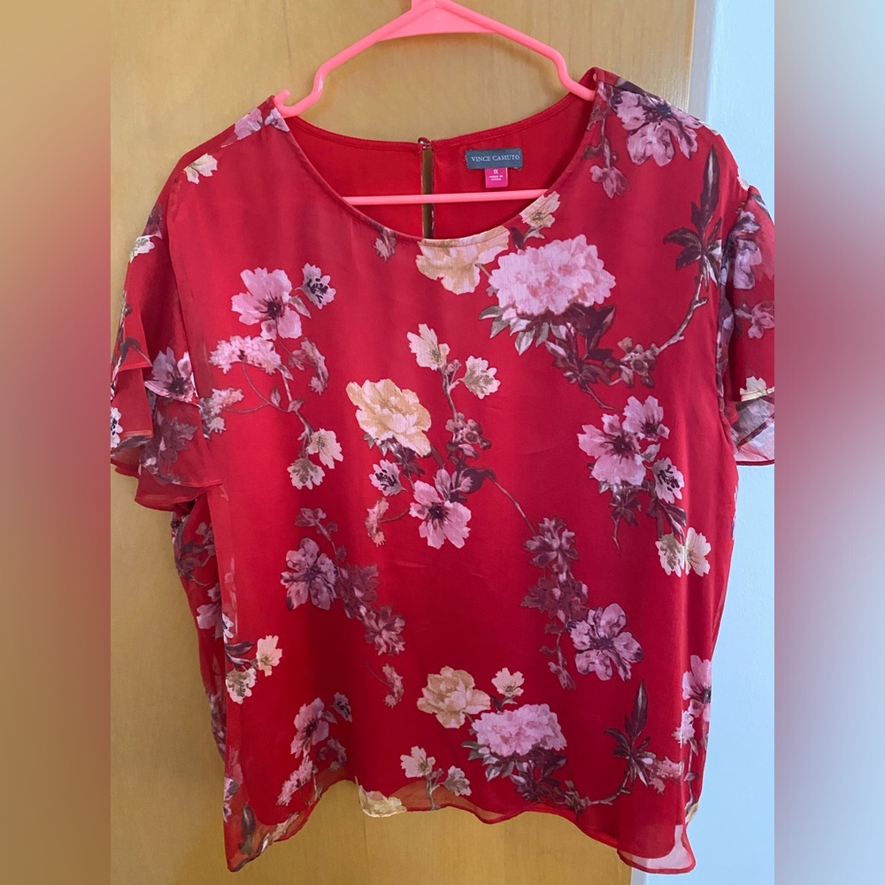 Vince Camuto Red Floral Blouse with Flutter Sleeves